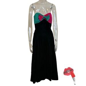 Vintage Morton Myles Dress 10 Black Pink Green Velvet Party Formal Ball Gown USA